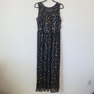 Cosmic Aura Astrology Celestial Stars Moon Foil Mesh Maxi Dress Plus Size 2X Bla